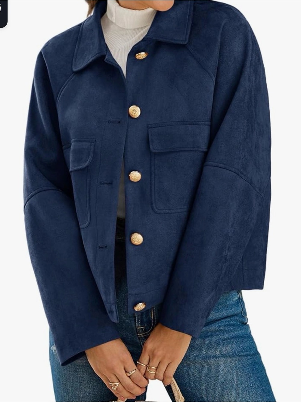 Navy Gold-Button Suede Blazer Jacket